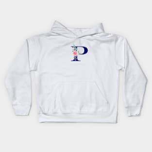 Watercolor Floral Letter P in Navy Kids Hoodie